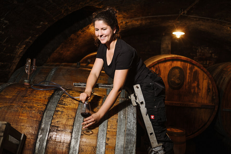 Viticulture student sampling a red wine in the barrique cellar of her training company
